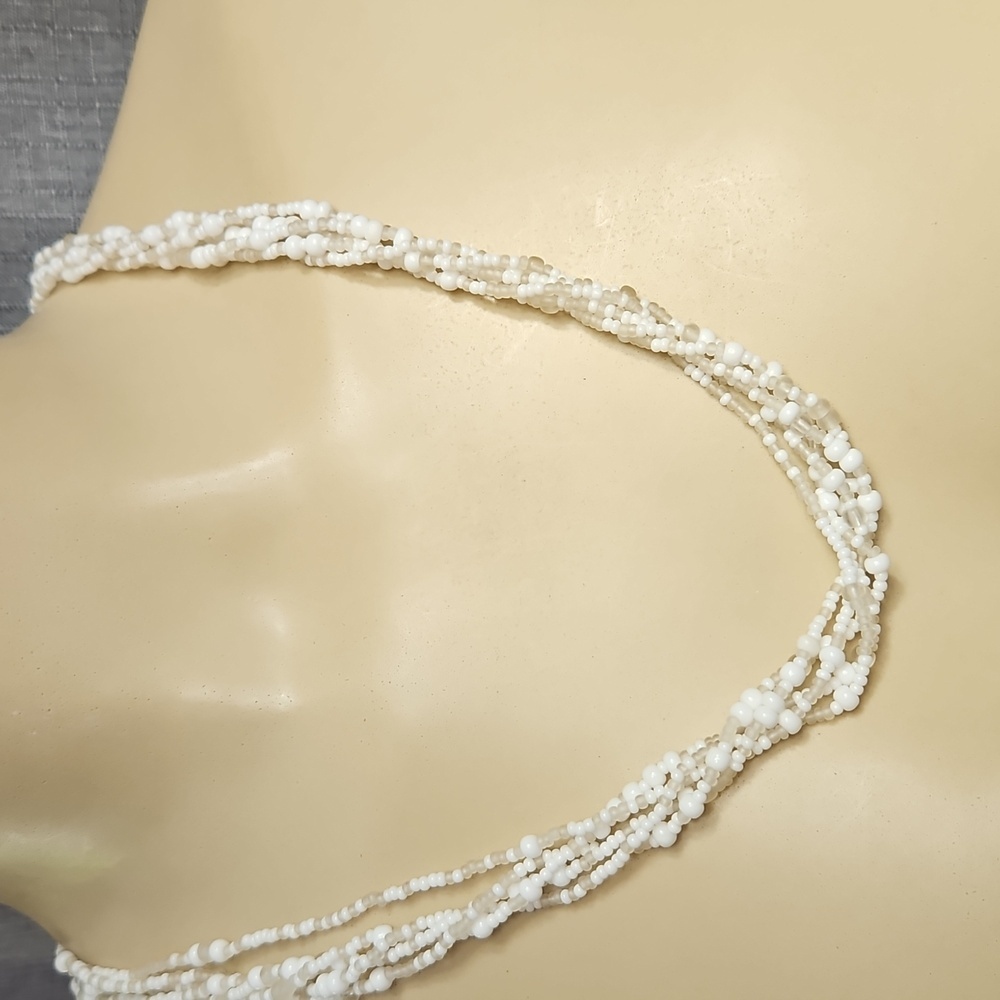 WHITE BEADED NECKLACE MULTI-STRAND 12"